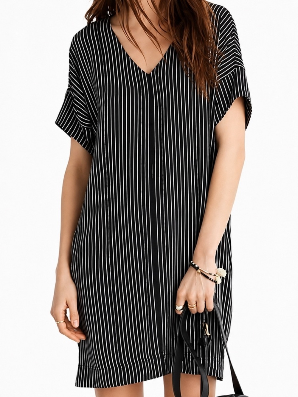 Madewell Novel Shift Dress Chalkboard Stripe S Black White Preppy Classic V-Neck